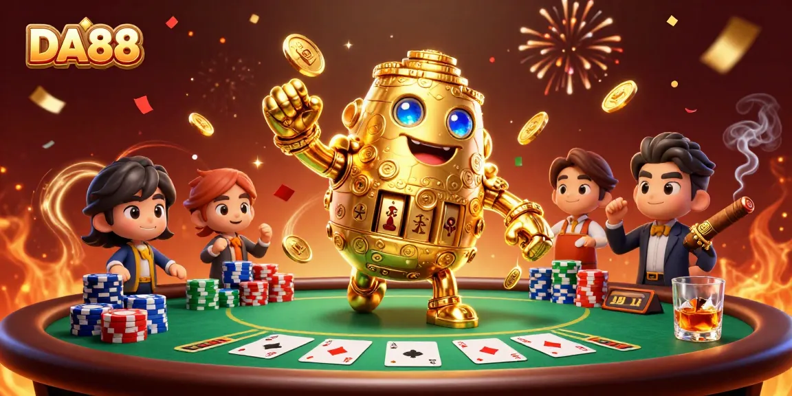 Experience thrilling gameplay with DA88, featuring a golden golem and poker elements in a vibrant casino scene.
