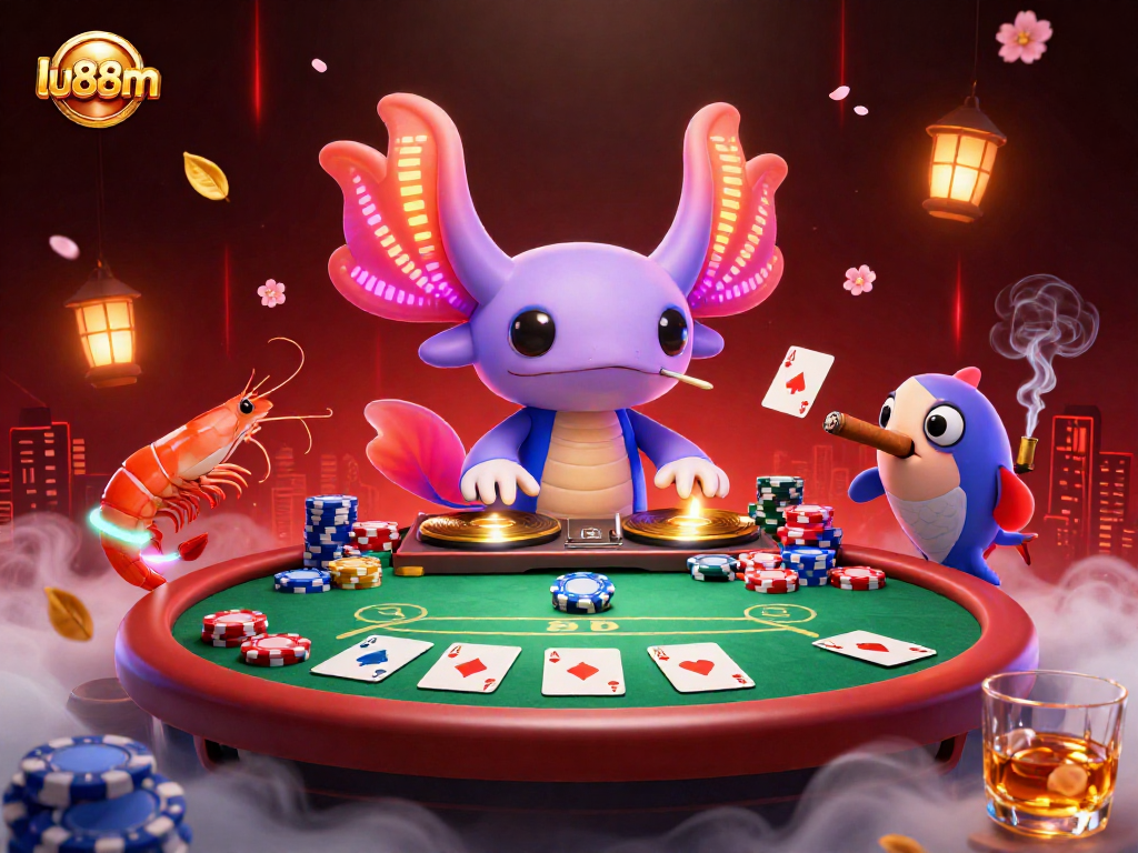 Experience the vibrant energy of lu88m with a neon axolotl DJ and dynamic poker scene.