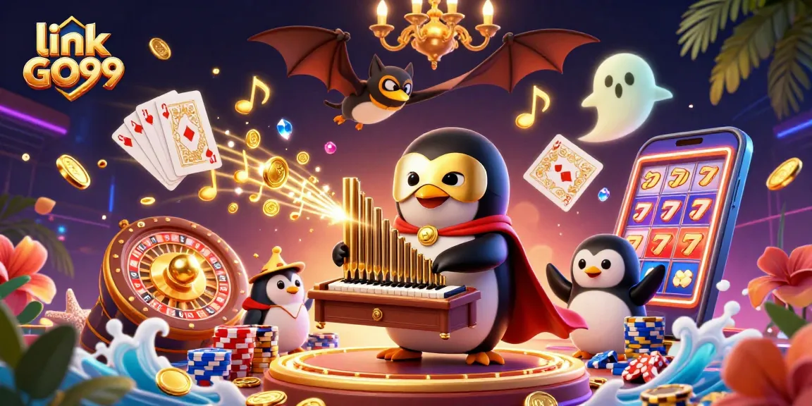 Experience excitement with link GO99 as a penguin plays an organ shooting coins amidst vibrant casino elements.