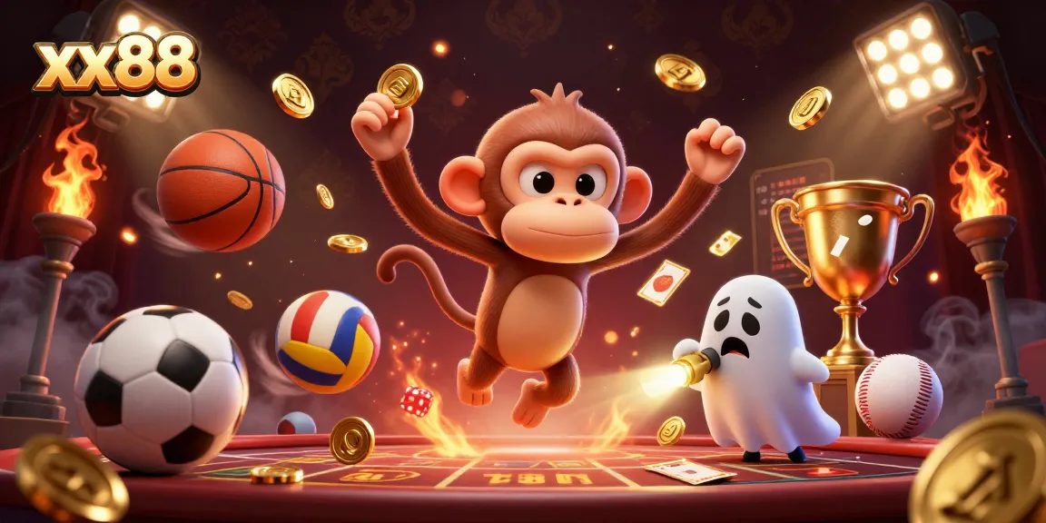 Experience the thrill of xx88 with sports elements and a ghost-hunter puppy tracking a mischievous monkey in a haunted casino.