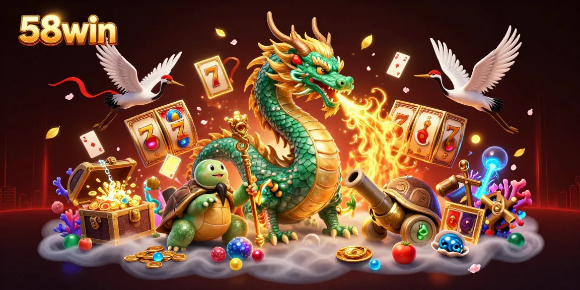 Engage in thrilling slot games at 58win with a dynamic illustration featuring lucky symbols and vibrant characters.
