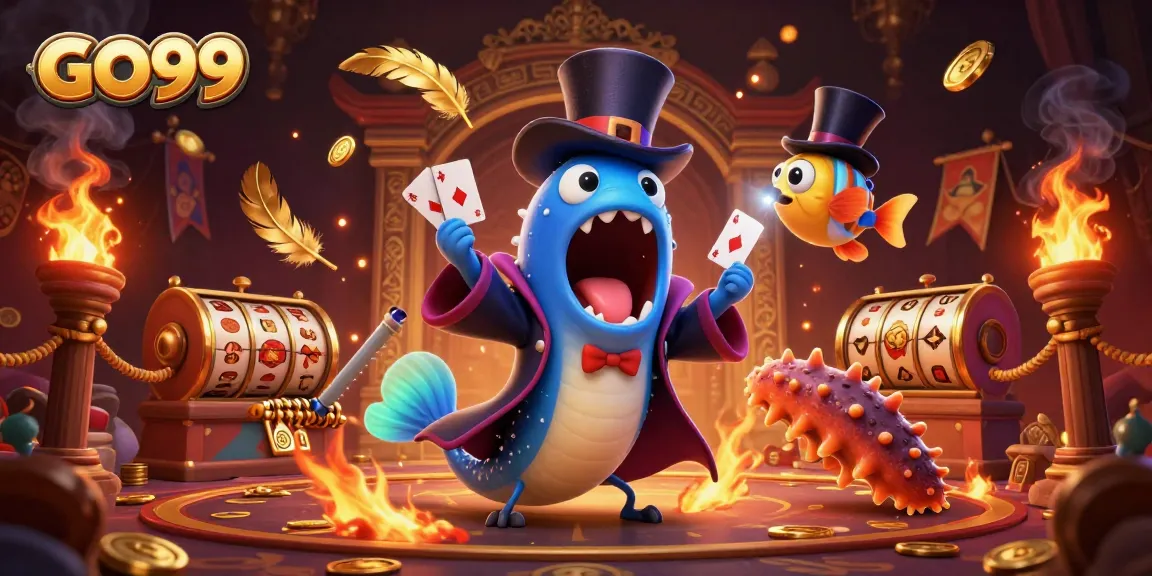 Engage in thrilling card tricks with GO99's illuminated sea creatures in a vibrant casino atmosphere.
