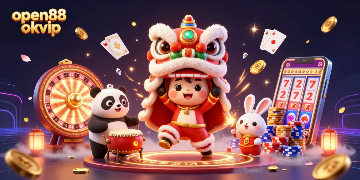 Win big with open88 okvip in this vibrant 3D casino scene featuring a lively lion dance.