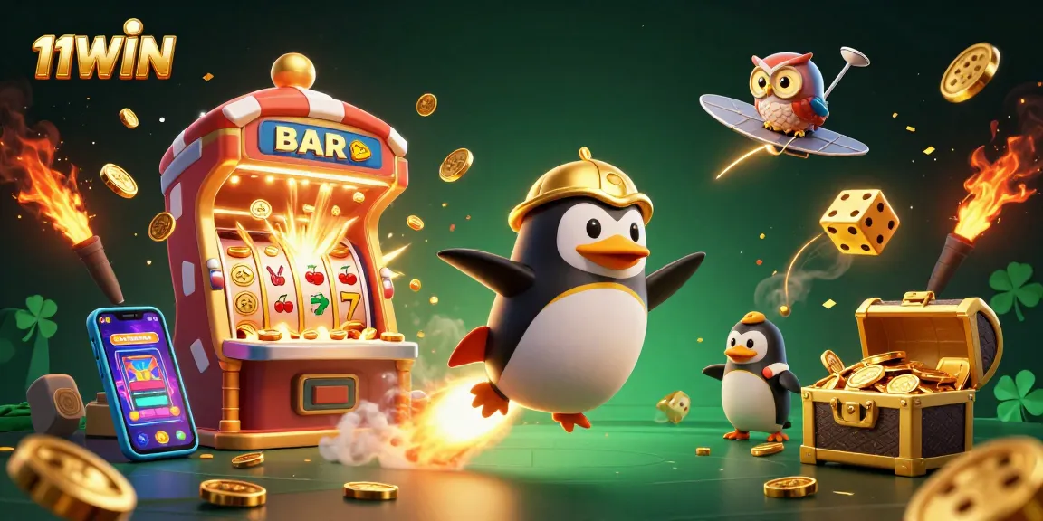 Experience 11WIN with a lively golden penguin spacecraft and dynamic casino elements.