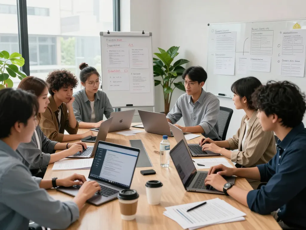 Engaged team of recruiters in a modern office discussing staffing agencies and candidate profiles