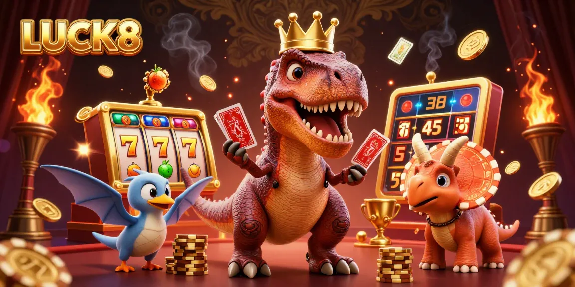 LUCK8 features a lively T-Rex and friends engaging with slot reels and golden chips in a vibrant casino setting.