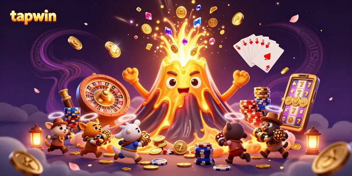 Spin for treasure and winnings at tapwin with a golden volcano erupting coins and gems!