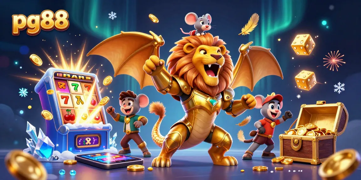 Experience the thrill of pg88 with a dynamic 3D casino illustration featuring winning games and vibrant colors.