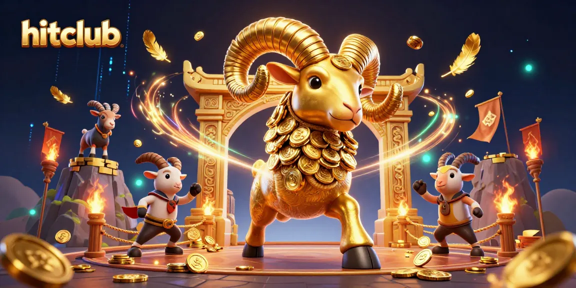 hitclub promotes thrilling gameplay with a massive golden ram charging at a golden gate amidst swirling golden feathers and betting tokens