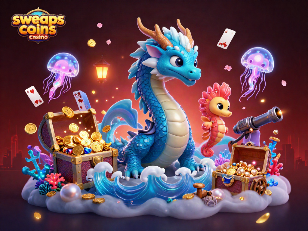 Engage players at sweeps coins casino with a dynamic underwater scene featuring magical creatures and casino elements.