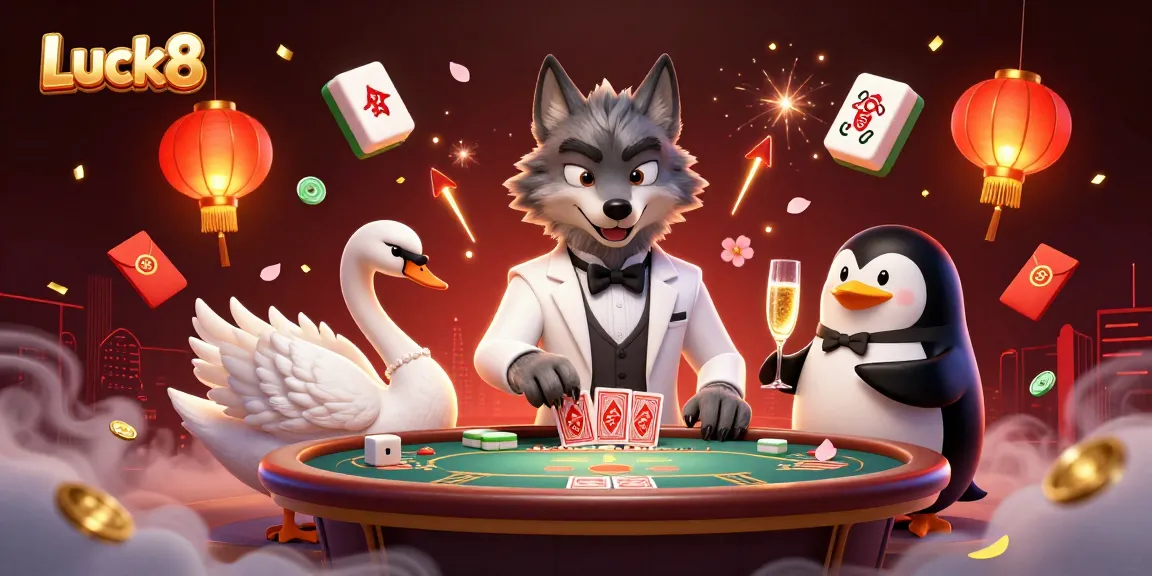Experience Luck8 with a debonair wolf, swan dealer, and penguin sommelier at the baccarat table.
