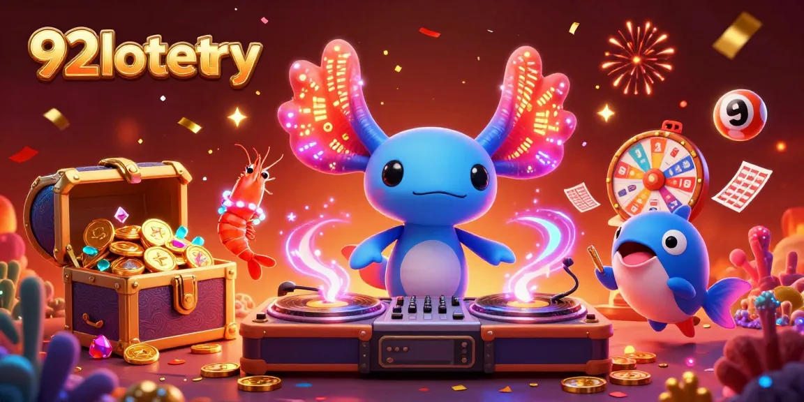 Engage with 92lottery in an underwater-themed dynamic illustration showcasing colorful characters and lottery excitement.