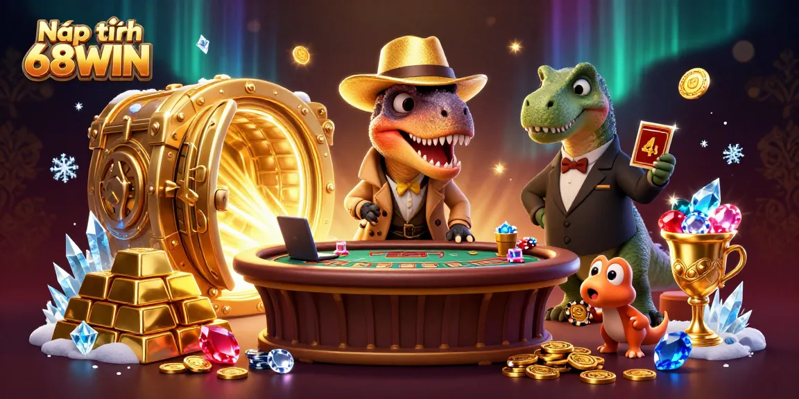 Nạp tiền 68WIN: Engaging scene with a velociraptor card counter at a blackjack table, surrounded by treasure and casino elements.