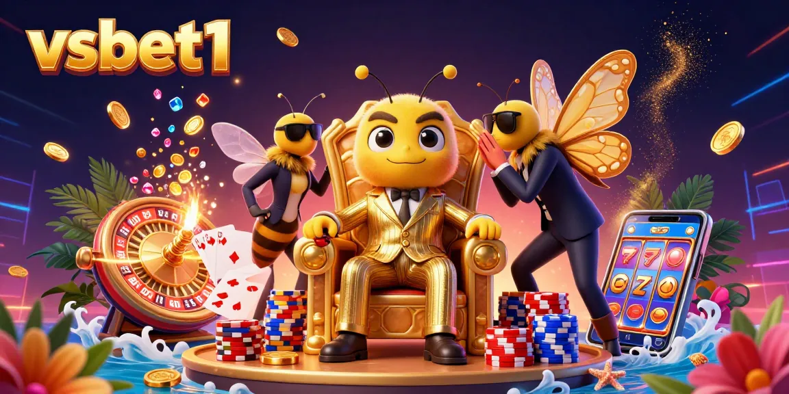 Engage with the vibrant vsbet1 casino world through this colorful 3D illustration showcasing a bumblebee boss and dynamic game elements.