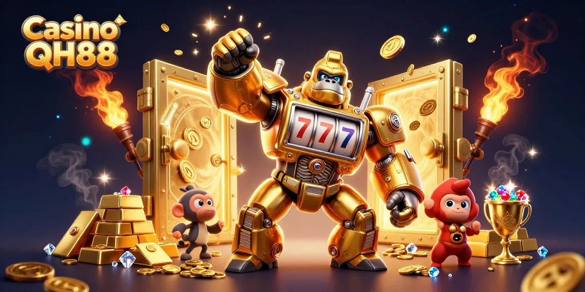 Engage with thrilling gameplay at Casino QH88 showcasing golden mech and treasure.
