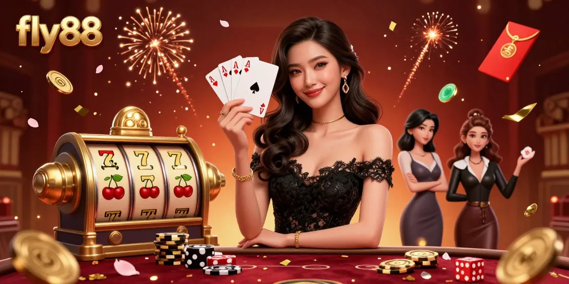 Experience the thrill of fly88 with a stunning casino scene featuring an elegant woman holding ace cards.