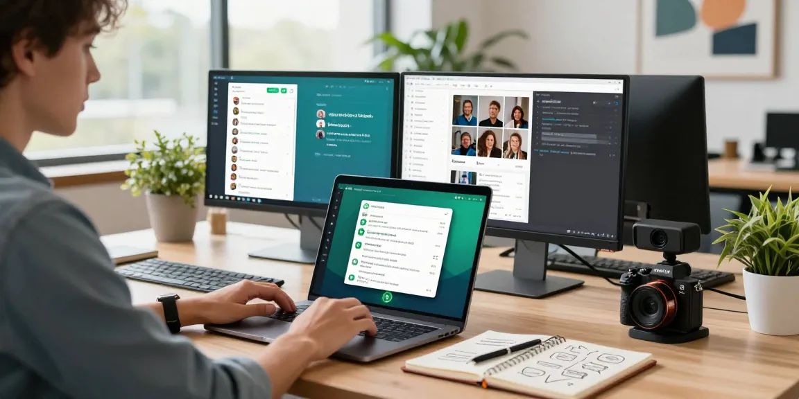 Using WhatsApp電腦版 on a laptop in a modern workspace, showcasing productivity.