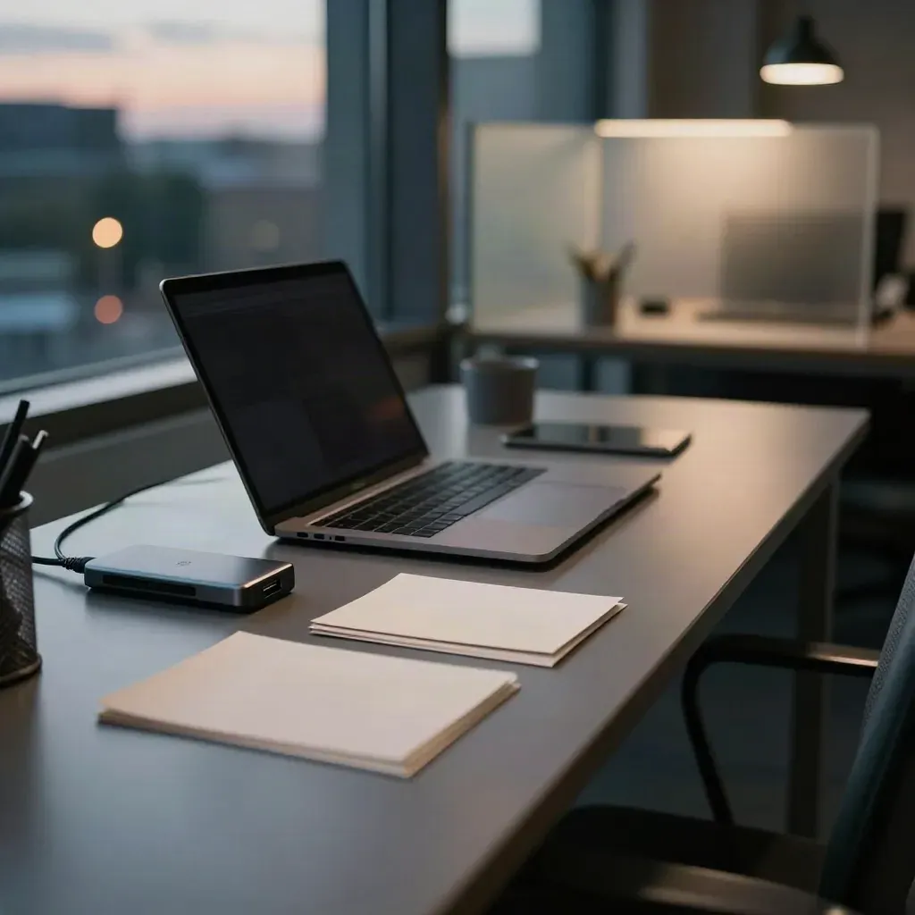 Blue-hour co-working nook with laptop, keyboard, blank color cards and streetlight haze.