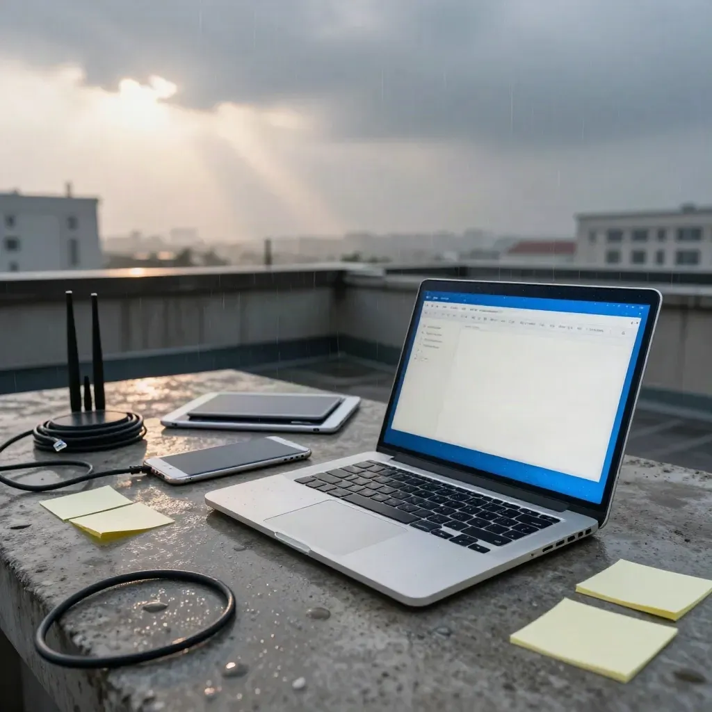 Rain-soaked rooftop web audit setup with laptop, tablet, phone, router and cable at dawn.
