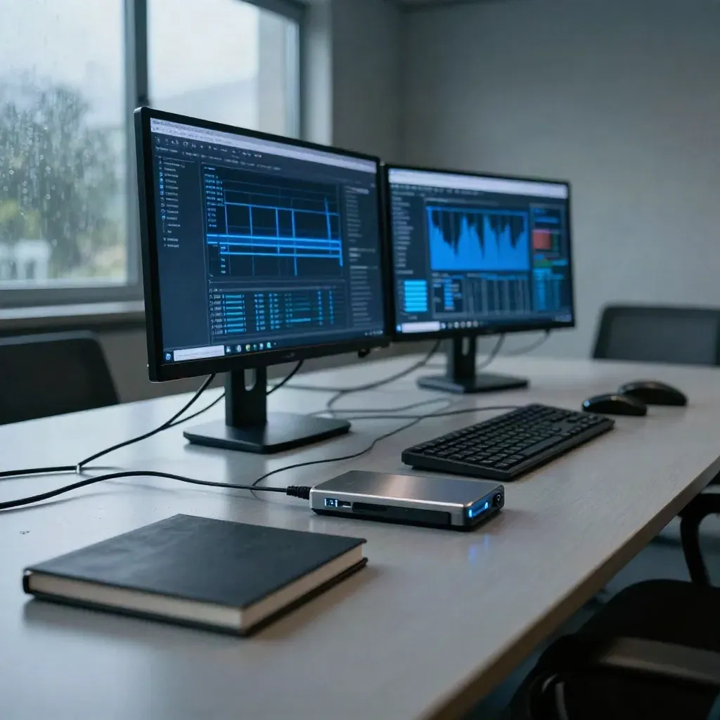 Rainy conference-room site audit workstation with glowing screens, notebook, drive, and cables.