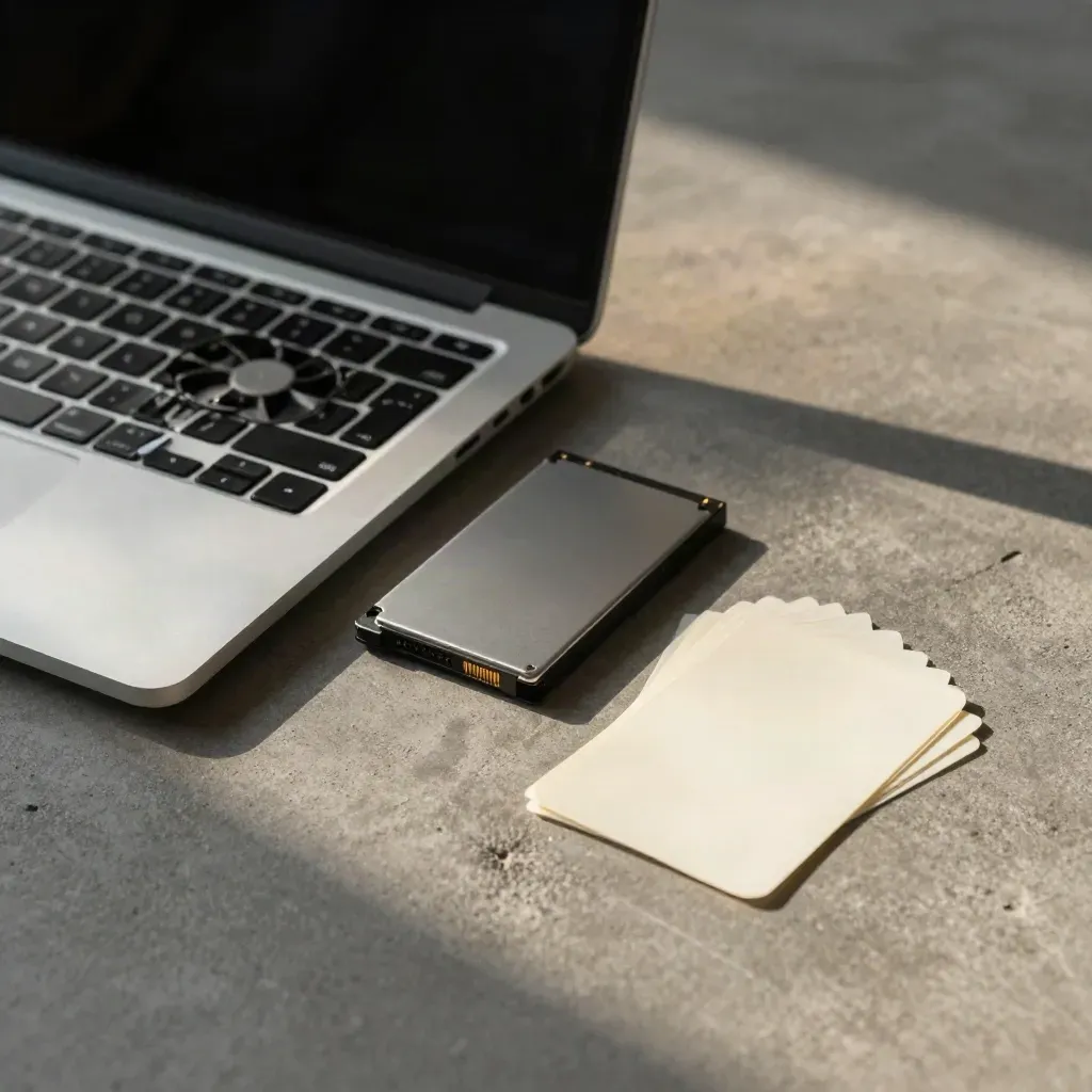 Laptop, cooling fan, SSD and blank labels on concrete in warm late-afternoon light.