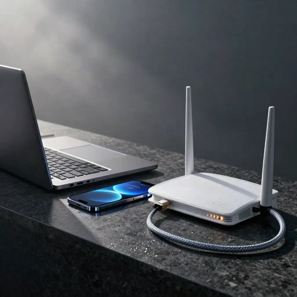 Laptop and phone glow blue beside a router and cable on a foggy dark stone counter at dawn.