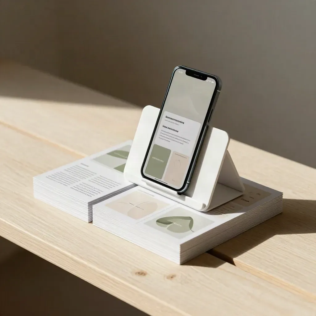 Smartphone on a folding stand beside stacked blank cards on a pale wood bench.