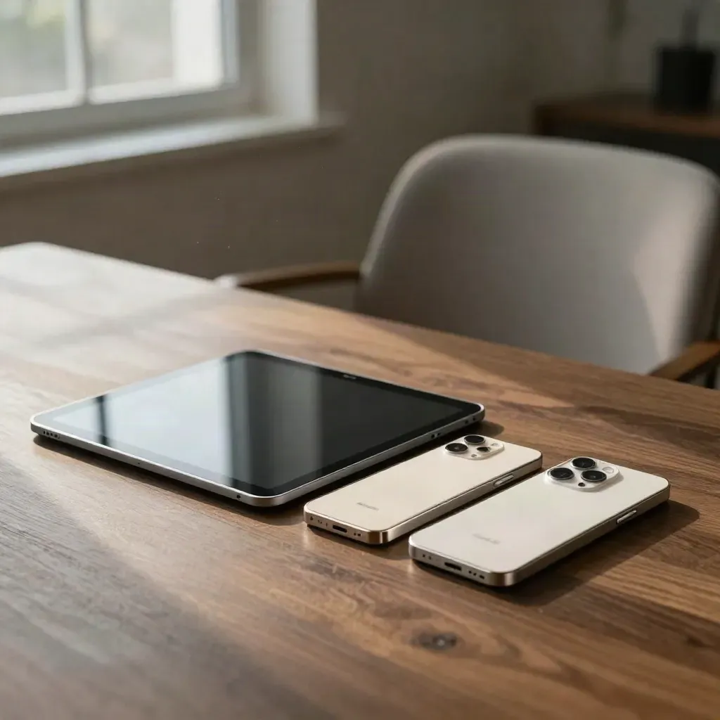 Tablet and phone with wireframe blocks beside a pulled-back chair in soft meeting-room light.