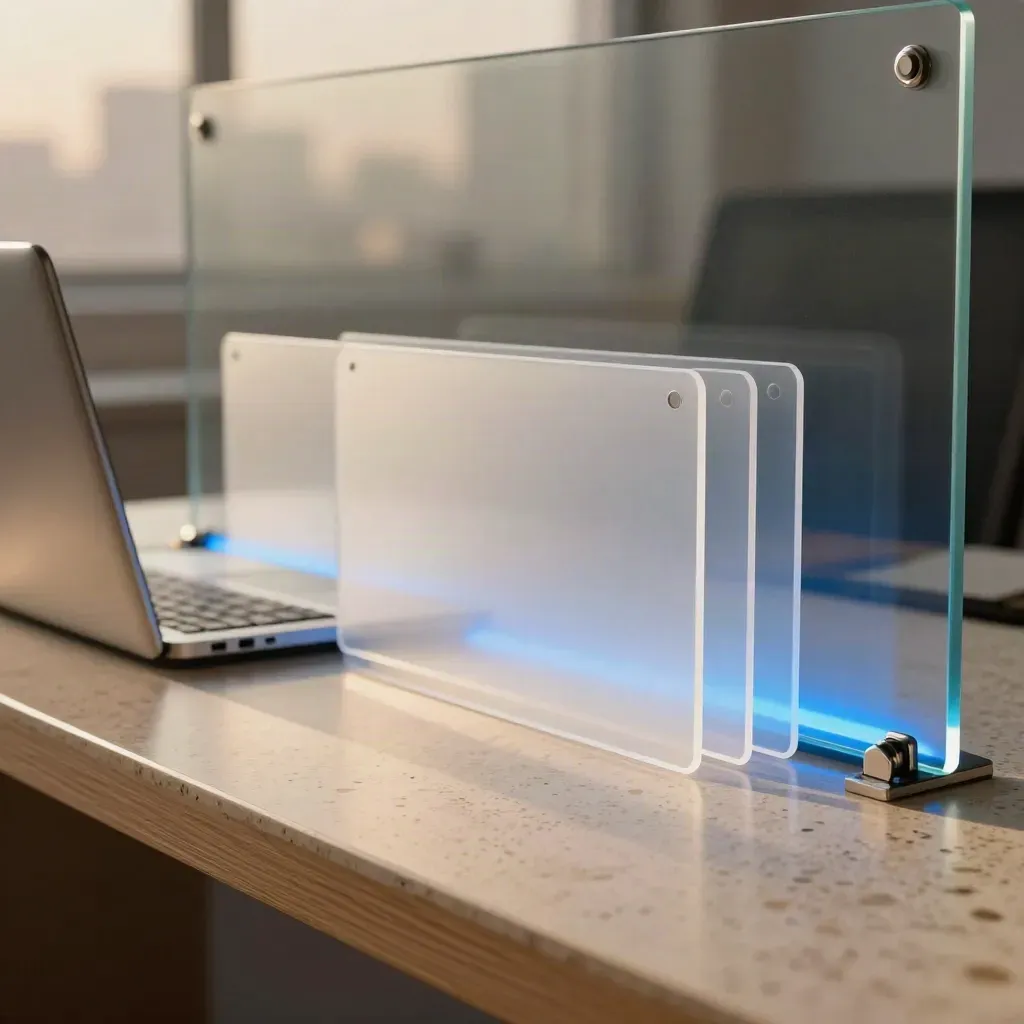 Dawn-lit macro of a laptop, wall display edge, and translucent tabs in a glass studio.