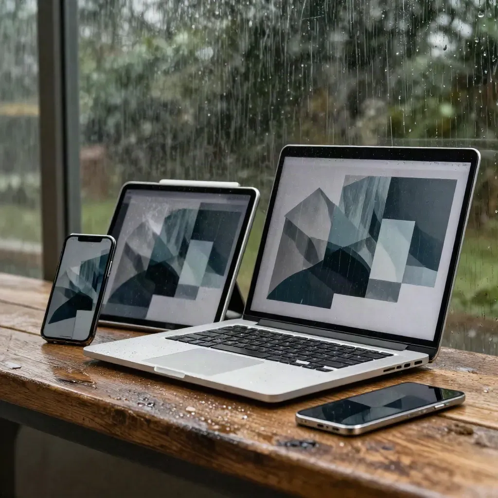 Three devices on a rain-spattered bench with shifting abstract responsive layouts