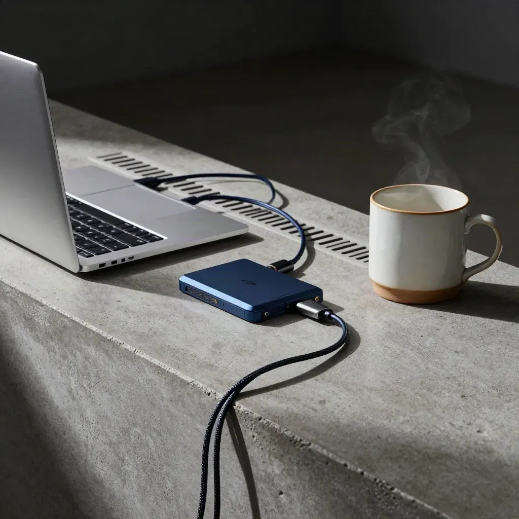 Laptop, SSD, and cables by a vent on concrete with warm dust and a mug.