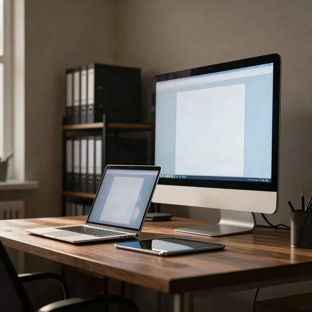 Three software-ready devices in a warm studio, poised as update options under soft daylight.