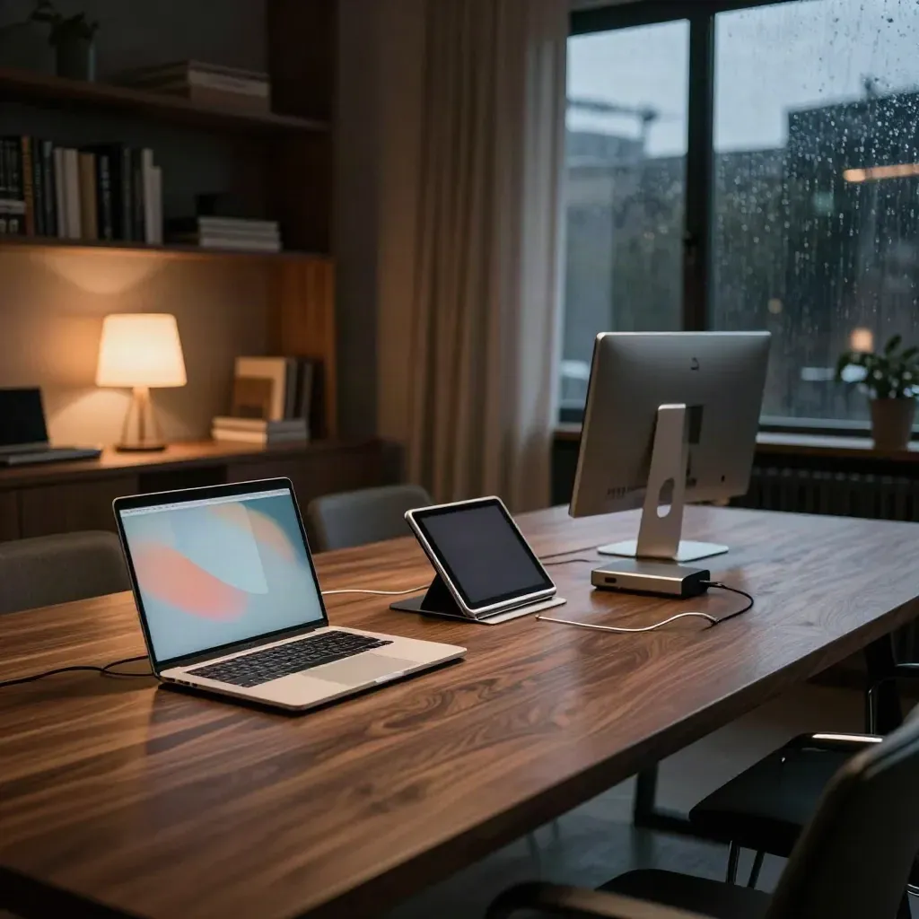 Three glowing web-support device clusters on a long walnut table in a warm office at dusk.