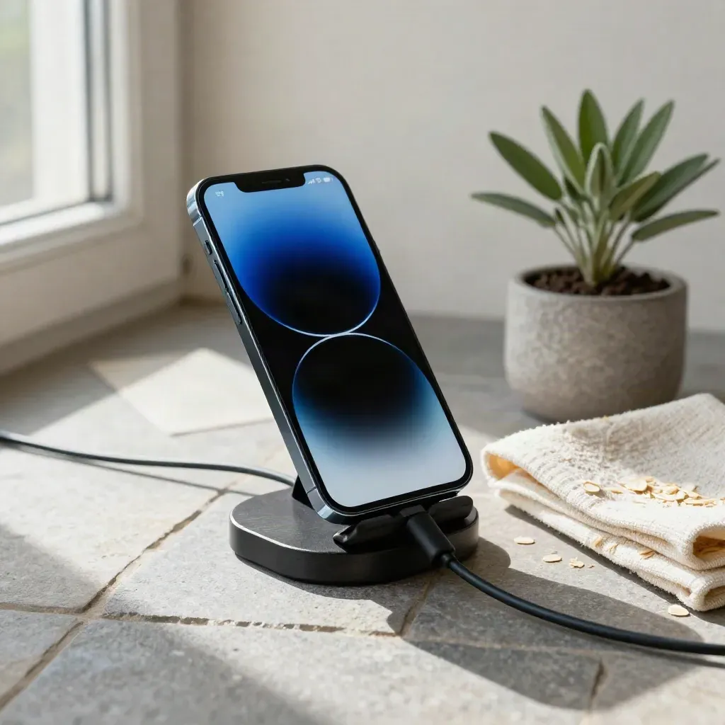 Smartphone on a charging stand with cloth and plant on stone tile, blue wake glow