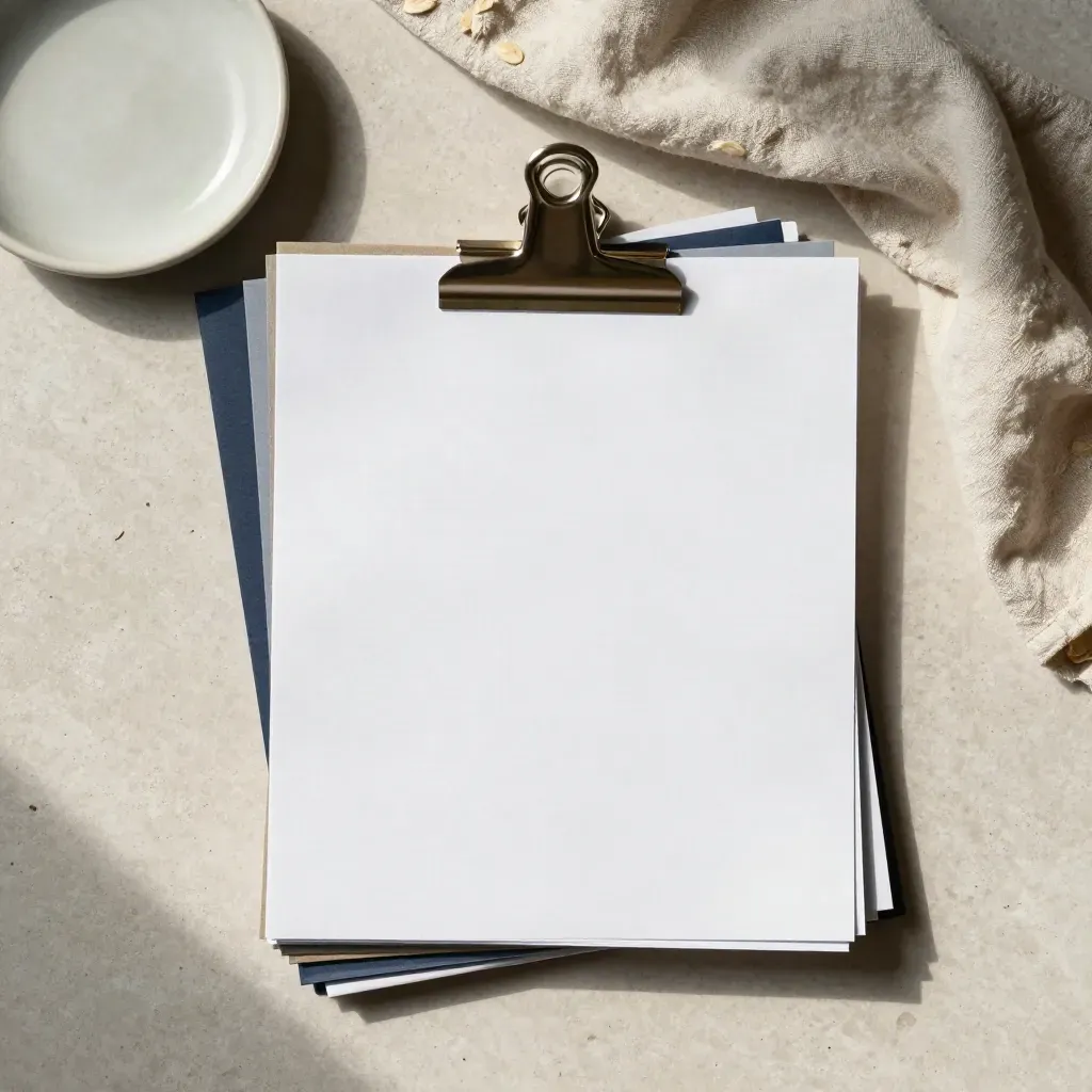 Overhead audit checklist flatlay with blank sheets, navy tabs, ceramic dish, and linen on pale stone.