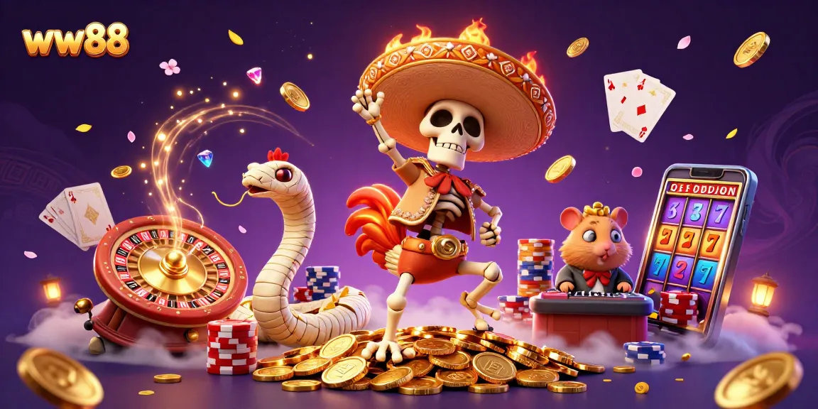 Watch the ww88 excitement as a mariachi rooster celebrates on golden coins amidst lively casino elements.