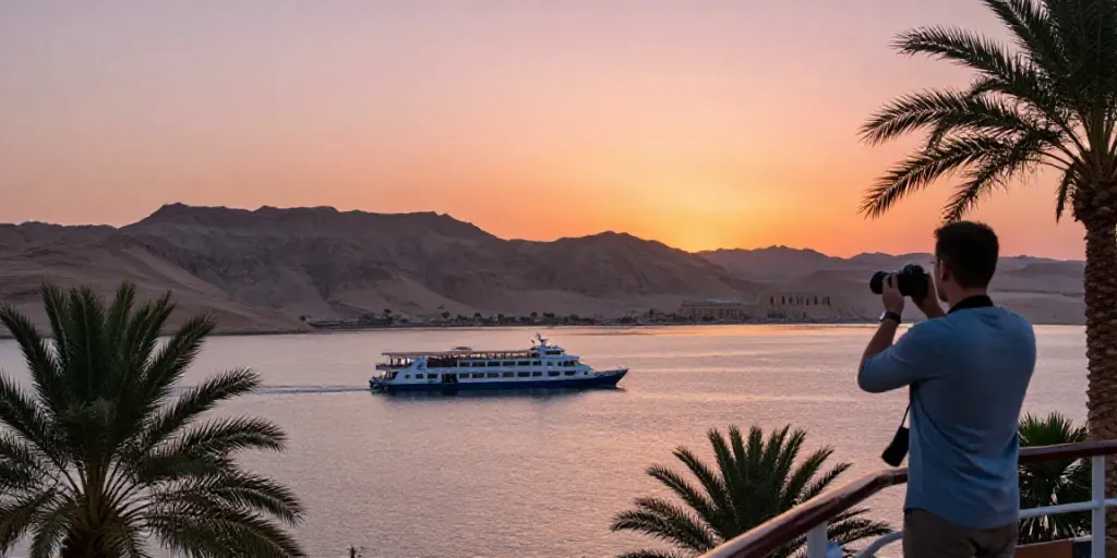 Experience the serene beauty of a Lake Nasser Cruise at sunset, showcasing a luxurious ship with stunning landscapes.