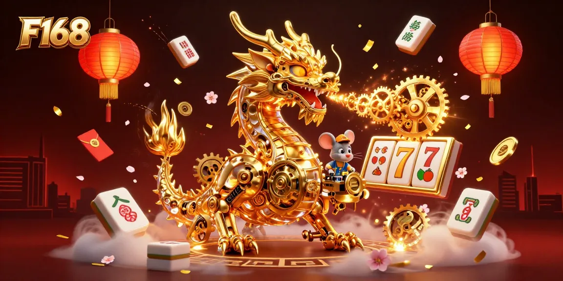 Engage with F168's vibrant online casino games amidst a dynamic scene of a dragon and festive elements.
