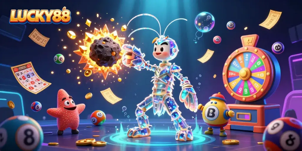 Experience thrilling wins with LUCKY88, showcasing colorful lottery elements and a vibrant 3D scene.