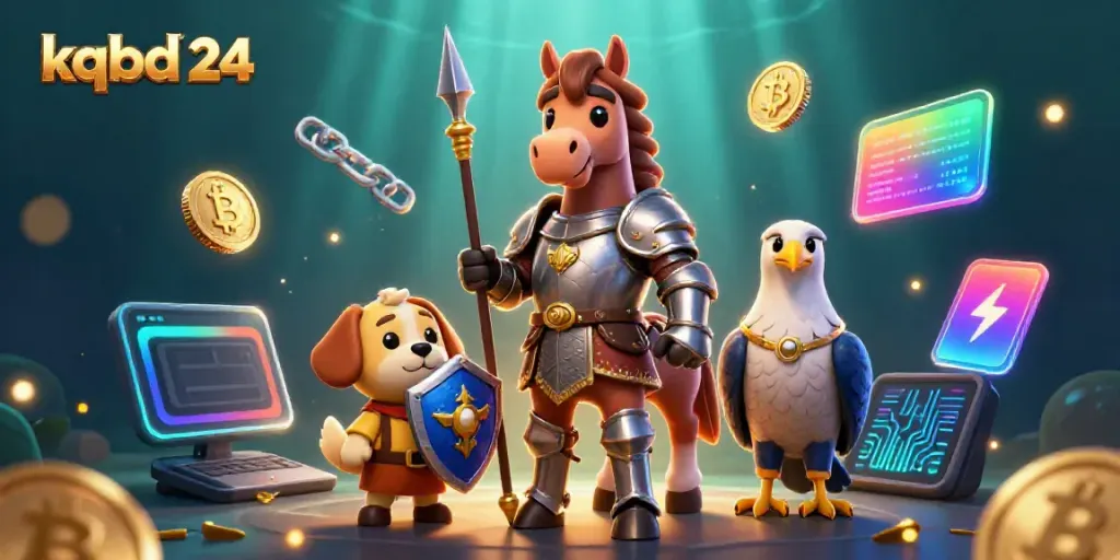 Experience thrilling action in the kqbd 24 illustration showcasing a knight, puppy, and falcon amidst vivid crypto elements.