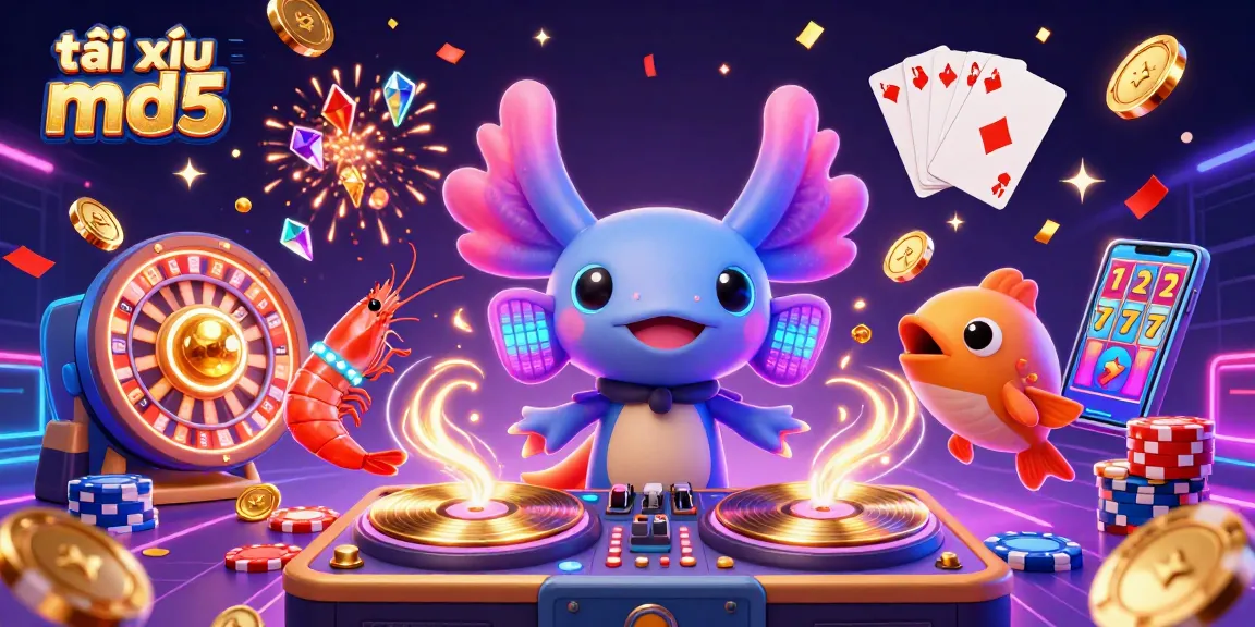 Tài Xỉu MD5's exciting underwater party scene with a neon axolotl DJ, coins, and poker elements.