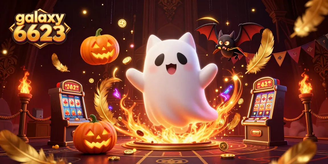 Experience thrilling gaming at galaxy 6623 with ghostly characters in a festive casino scene.