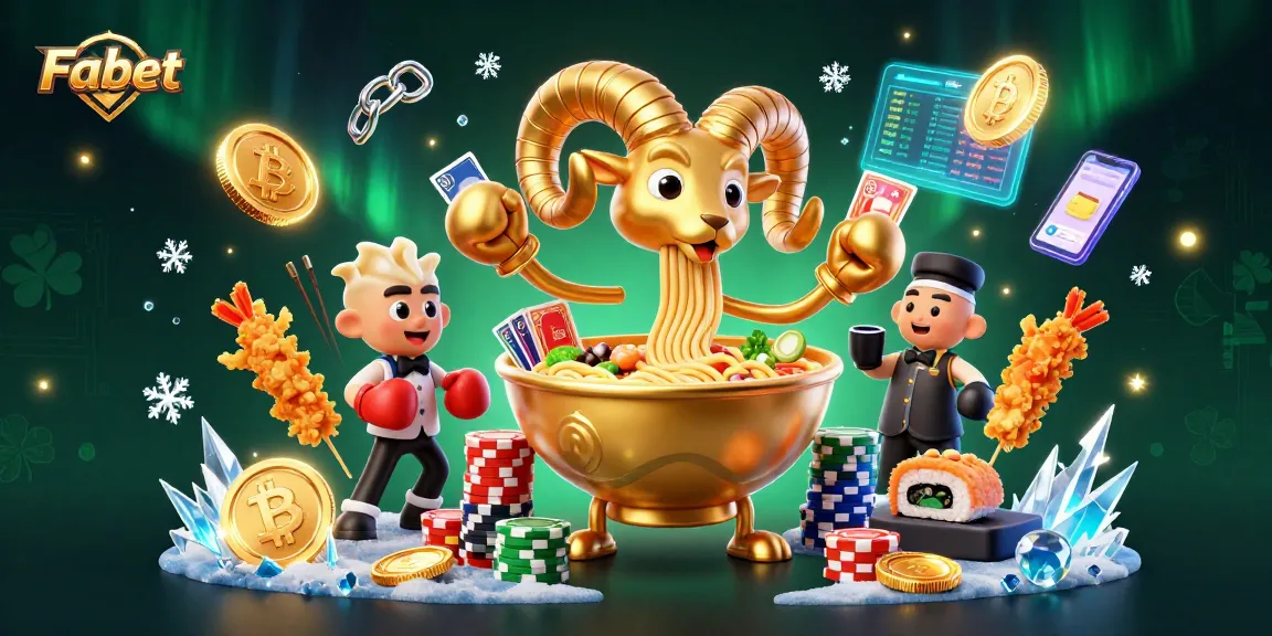 Fabet features a cartoonish giant ramen bowl character engaging in lively card games with crypto elements.