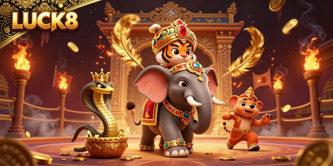 Experience the thrill of LUCK8 as the maharaja tiger and jewelled elephant create a vibrant casino scene filled with gold and excitement.