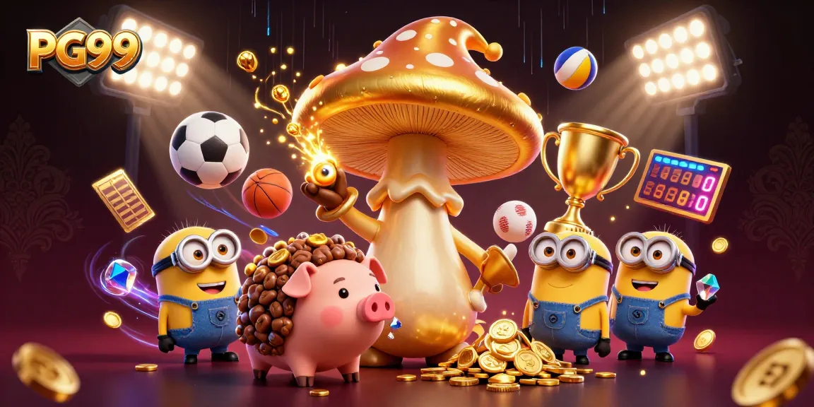 Experience the excitement of PG99 with a dazzling casino scene featuring a golden mushroom wizard and treasures.
