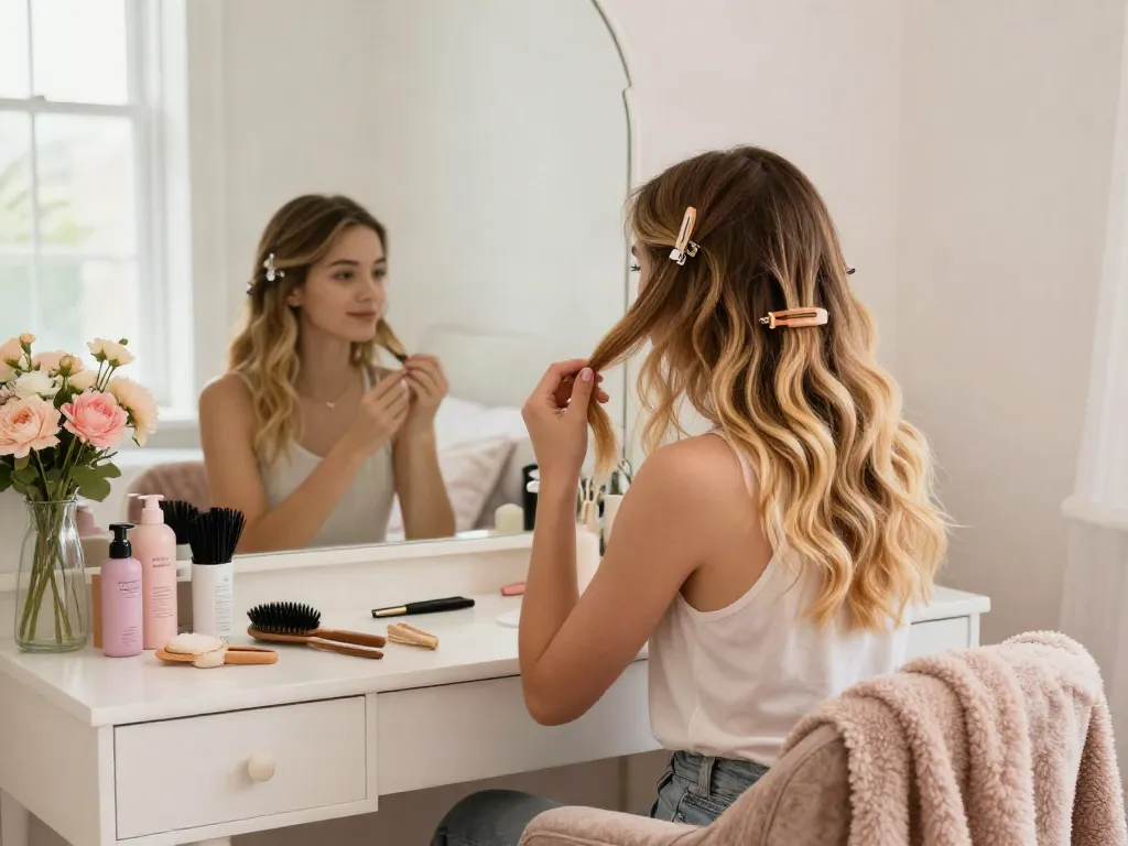 Model applies clip ins for thin hair in a bright, cozy bedroom.