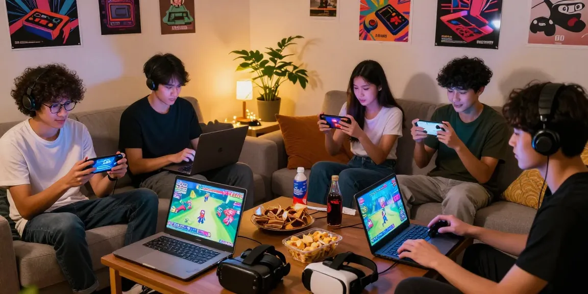 Diverse friends enjoying hentaigames together on mobile devices and laptops in cozy gaming environment