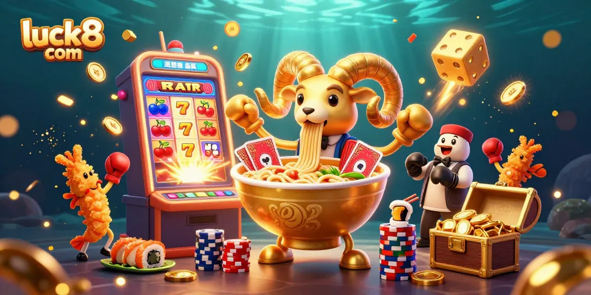 Win big with luck8 com at this vibrant casino scene featuring playful characters and exciting games.