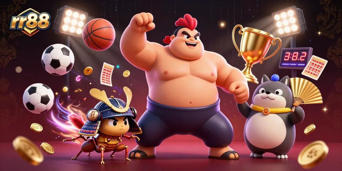 Bet on success with rr88 at this vibrant illustration showcasing the powerful sumo wrestler rooster and dynamic gaming elements.