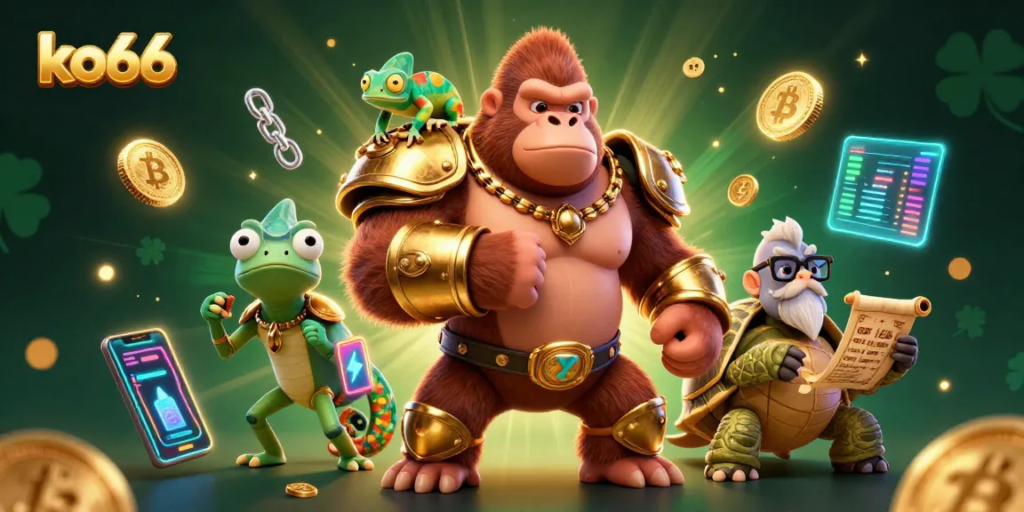 Engage with ko66 in this vibrant 3D casino scene showcasing a gorilla king, chameleon, and tortoise, representing thrilling gameplay.